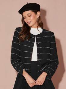 Enchnt Women's Striped Print Elegant Commuter Long Sleeve Jacket