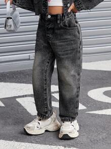 SHEIN Young Girl Y2K Style Gray Distressed Fluffy Lined Loose Fit Jeans,Warm And Casual Denim Pants For Girls In Autumn/Winter - Grey - View 4