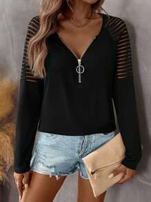 SHEIN LUNE Áo thun dệt kim cổ chữ V tay raglan hở vai chắp vá mùa thu dành cho nữ - màu đen - Xem 4