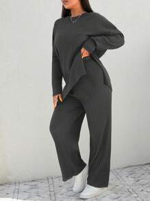 EURMUSE Plus Size Casual Solid Color Top And Pants 2 Pieces Set, Autumn - Dark Grey - View 3