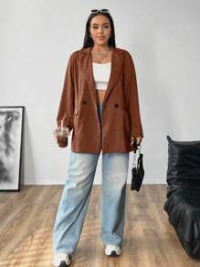 Flirla Plus Size Casual Pinstripe Double Breasted Loose Blazer - Multicolor - View 3