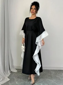 Rafferiza Women's Round Neck Long Sleeve Loose Spliced Organza Ruffled Hem Colorblock Cinched Waist Elegant Long Casual Dress Maxi Women Outfit