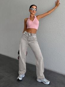 SHEIN Cottnline 女式休闲漂白水洗直筒牛仔裤 - 淺灰色 - 查看 6
