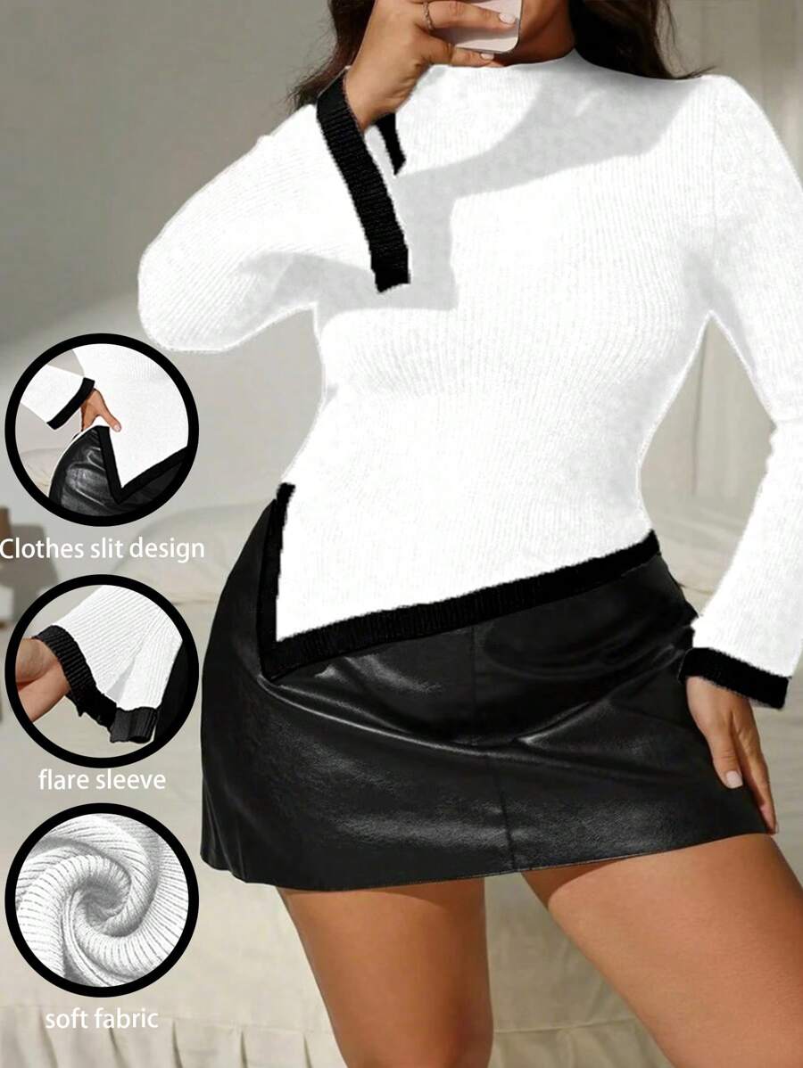 SHEIN Clasi Plus Size Asymmetric Hem Color Block Long Sleeve Pullover Sweater, Knit Pullover Fall Winter - White - View 1