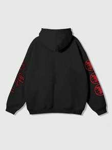 ROMWE MEN Street Life Men's Casual Character & Letter Print Fleece Hoodie, Fall/Winter - Black - View 2