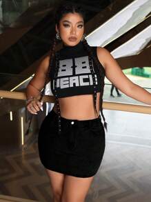 SHEIN ICON 大码迷你牛仔裙，时尚百搭，适合夏季户外穿着 - 黑色 - 查看 4