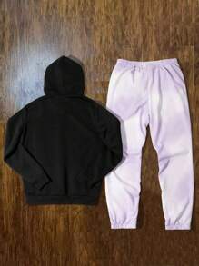 Manfinity Hypemode Young Men's Casual And Fun Mushroom Cartoon Pattern With Letter Print Design, Hooded Black Pullover Sweatshirt And Drawstring Purple Sweatpants Set ,Men Two Pieces Outfits ,Men Tracksuit