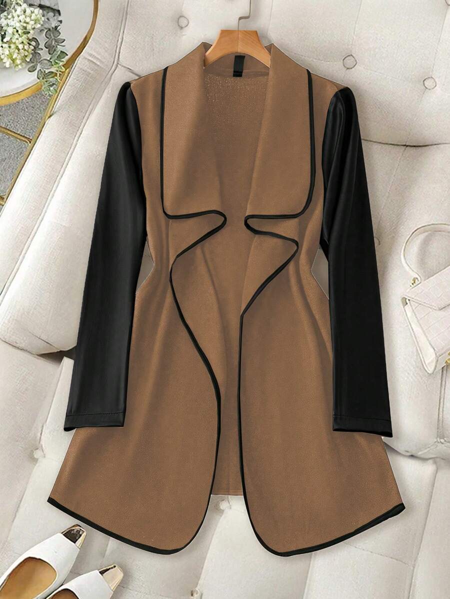 SHEIN LUNE Plus Size Autumn Casual Colorblock Jacket, For Winter - Khaki - View 1