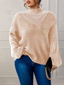 SHEIN LUNE Plus Size Contrast Fish Net Crew Neck Long Sleeve Sweater Knit Pullover Fall Winter - Baby Pink - View 1