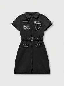 ROMWE Grunge Punk Casual Punk Metal Chain Decor Skull Print Bodycon Dress For Women - Black - View 1
