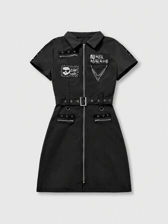 Grunge Punk Abito attillato casual da donna con stampa teschio e decorazione catena metallica punk