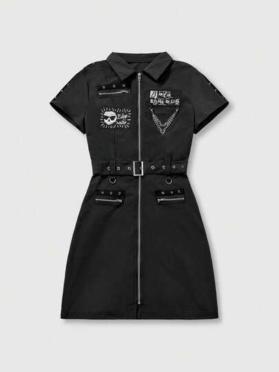 Grunge Punk Casual Punk Metal Chain Decor Skull Print Bodycon Dress For Women