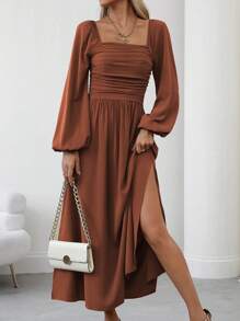 SHEIN Clasi 女士优雅纯色灯笼袖侧开衩连衣裙，秋季长款女装 - 鏽棕色 - 查看 1