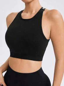 Easithlete Sujetador deportivo sin espalda, sin costuras, con cinta con letras negra - Negro - Ver 5