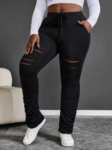 Maweii 大码女式纯色系腰破洞口袋紧身休闲裤 - 黑色 - 查看 3