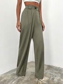 SHEIN Cottnline 纯棉高腰阔腿西装裤 - 軍綠色 - 查看 4