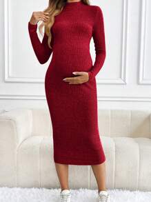 SHEIN Robe de maternité côtelée à col rond, couleur unie, manches longues, élégante pour l'automne et l'hiver, vêtements de saison - Framboise - Voir 3