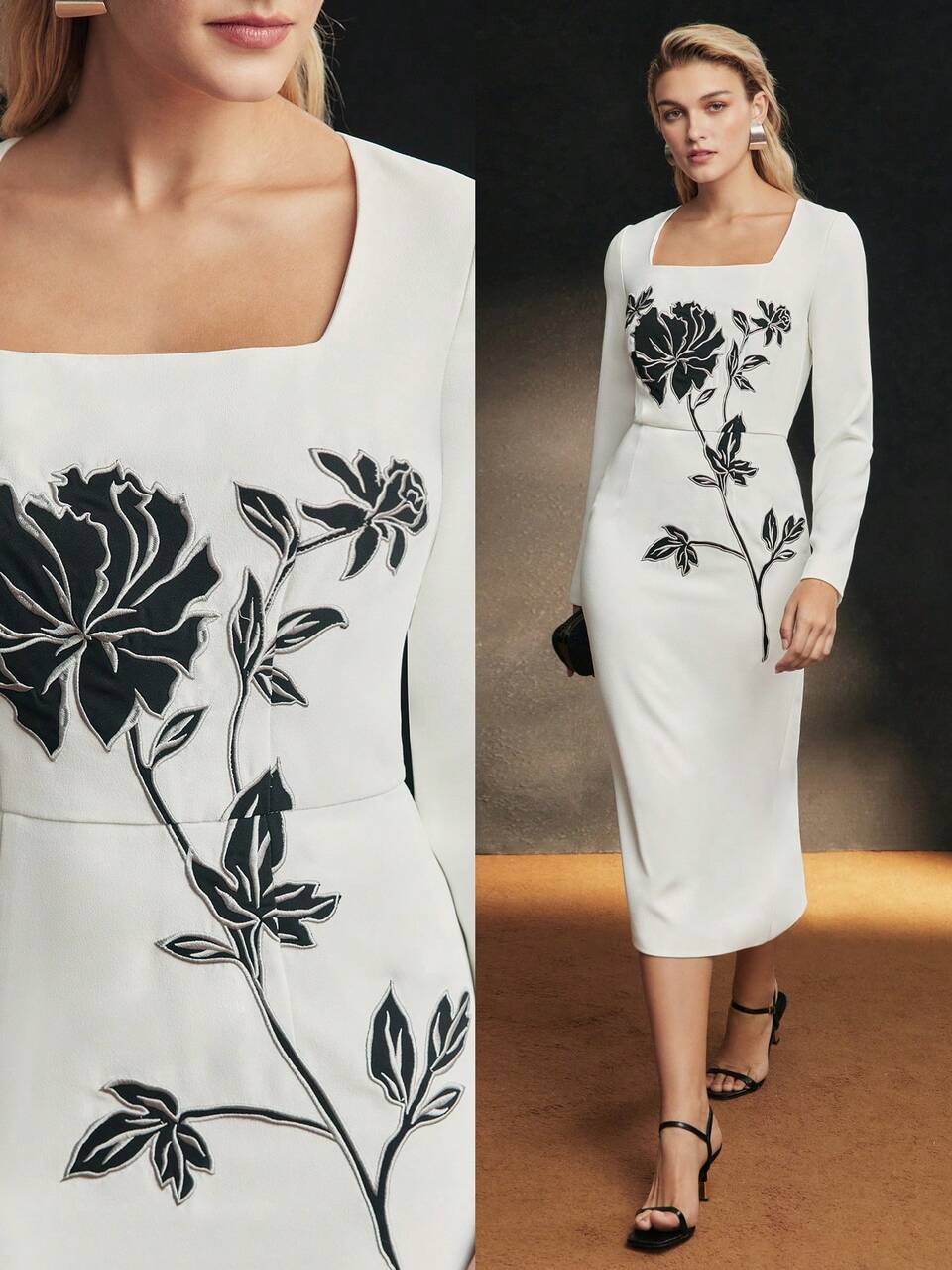 FLORAL EMBROIDERY FITTED DRESS