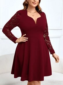 SHEIN Clasi Robe élégante à manches longues avec contraste de dentelle, grande taille, automne