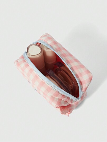 Kawaii Large Capacity Fashionable Ruffled Plaid Bow Embroidery Cosmetic Bag, Makeup Bag