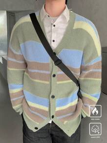 Manfinity Hypemode Men's Casual Striped Color Block Drop Shoulder Loose Button Front Cardigan