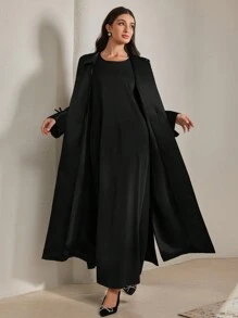 Al Najma 女士纯色领结蝴蝶结细节优雅长袖长袍，朴素优雅的开放式长袍，适合休闲日常/派对长款黑色外套 - 黑色 - 查看 6