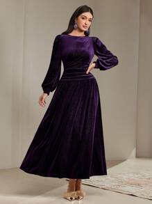 Veilorie Women Solid Color Round Neck Lantern Sleeve Elegant Arabian Modest Long Sleeve Dress - Purple - View 7