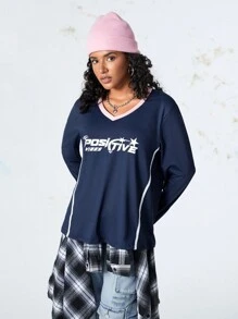 SHEIN Sports 大码撞色领口前片印花长袖运动 T 恤，秋冬款