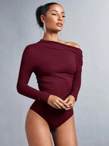 SHEIN BAE 1 件女式优雅纯色不对称领口长袖紧身衣，秋季 - 酒紅色 - 查看 3