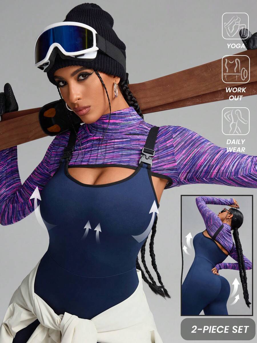 Innovista Innovista Women 2 Pieces Set Skinny Jumpsuit&Long Sleeve Crop Top,Navy Blue Autumn Athleisure Gym Outfits,Detachable Belt Tummy Control -Lifting Skiing - Navy Blue - View 1