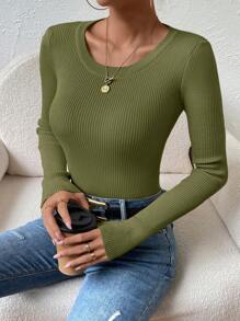Chiquease 休闲简约纯色圆领修身毛衣，秋冬 - 軍綠色 - 查看 3
