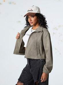 Streetz SHEIN Sport 女士宽松拉链短款瑜伽健身夹克，训练、跑步、秋冬季休闲外套 - 咖啡棕 - 查看 9