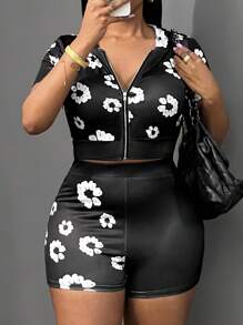 Slaydiva 2pcs/Set Women Casual Flower Print Fitted Sweatsuit