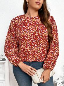 SHEIN Frenchy Áo cánh tay đèn lồng họa tiết hoa cỡ lớn cho nữ, mùa thu/đông - Đỏ - Xem 6