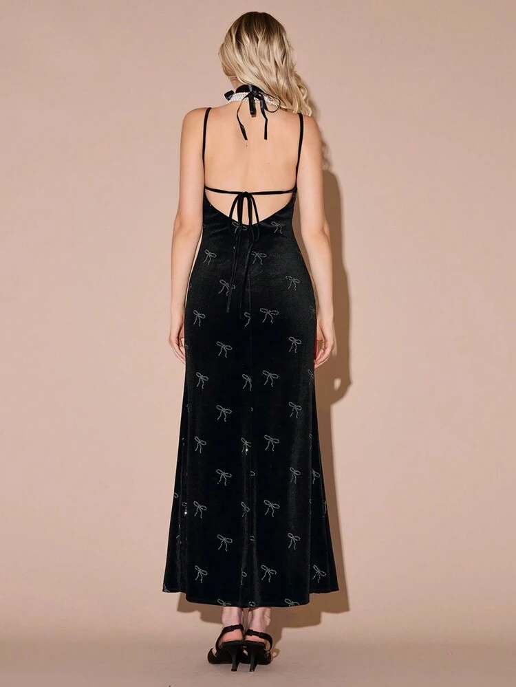 Autumn/Winter Romantic Women's Gorgeous Black Velvet Sparkling Diamond Bow Decor High Slit Sexy Elegant Sleeveless Slip Dress, For Halloween&Thanksgiving&Christmas Party&Pretty Date Nights&Romantic Dinner Dates&Champagne Cocktails