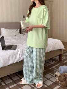 DAZY Set Of Round Neck T-Shirt Top And Plaid Pants Casual Loungewear Pajama