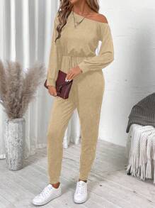 SHEIN LUNE 1 pièce Combinaison décontractée à manches longues de couleur unie avec col asymétrique et poche
