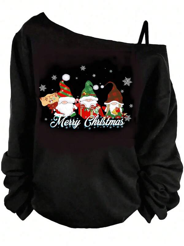 SHEIN SXY Camiseta casual de una sola manga para mujer talla grande con estampado minimalista navideño, para otoño e invierno