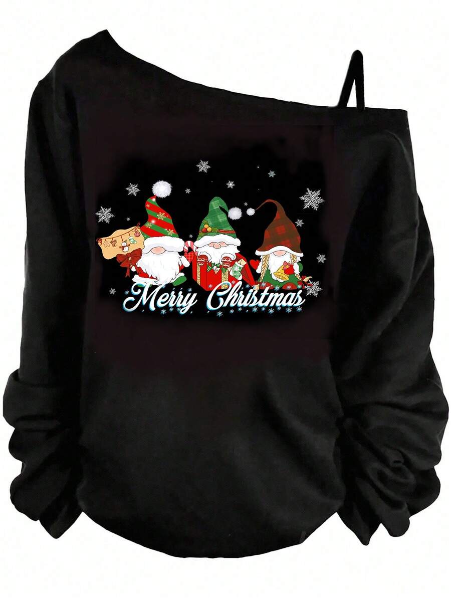 SHEIN SXY Christmas Minimalist Print Plus Size Women One Shoulder Strap Casual T-Shirt, For Autumn And Winter
