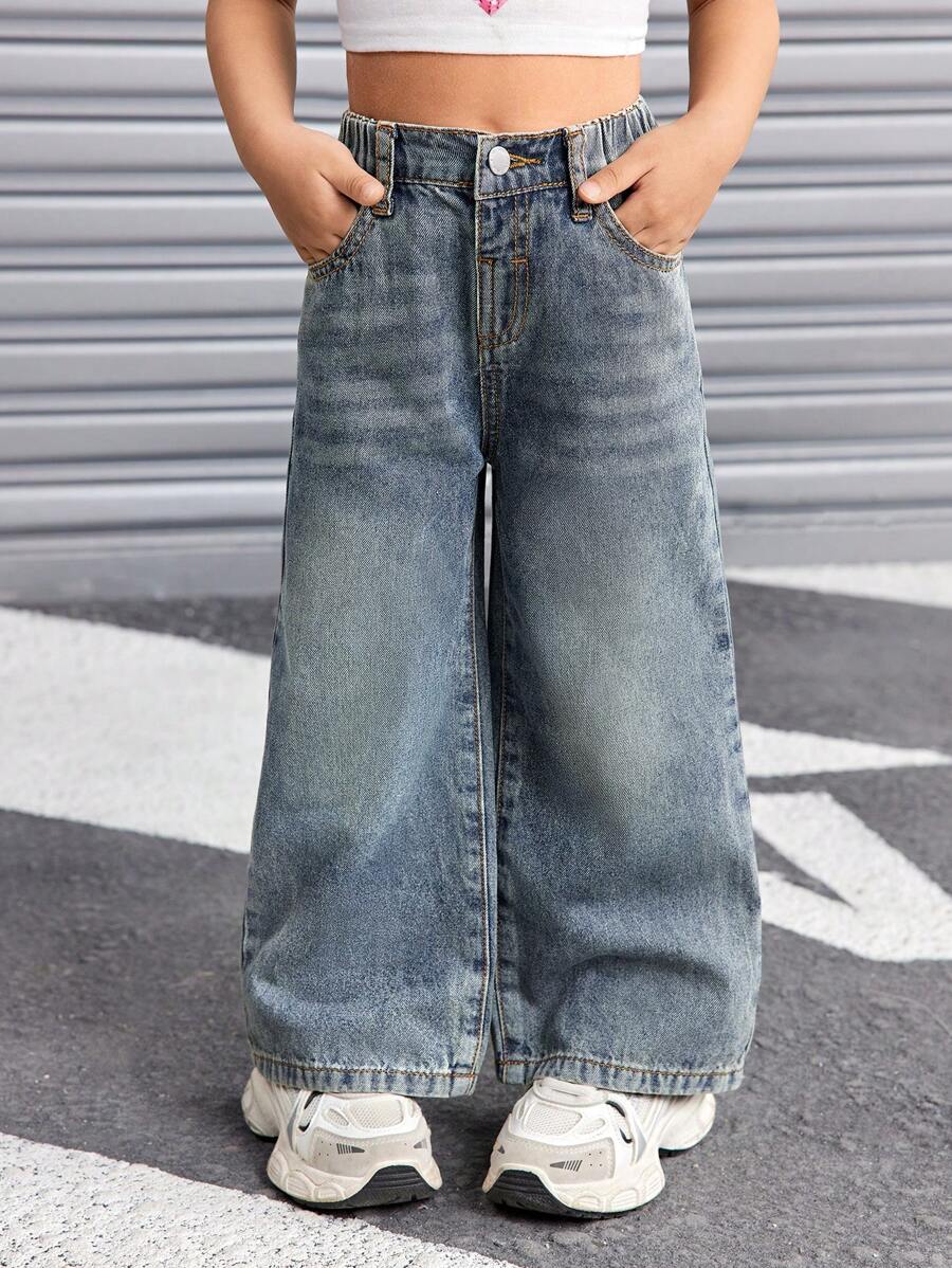 SHEIN Young Girls Loose Wide Leg Denim Blue Jeans,Summer Boho Thin Denim Wide-Leg Pants - Dark Wash - View 1
