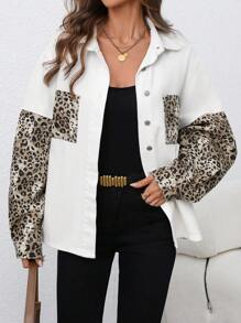 SHEIN LUNE Autumn Casual Leopard Print Patchwork Denim Jacket