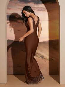 Hauture Lace Detail Trim Maxi Elegant Party Dress - Coffee - View 2