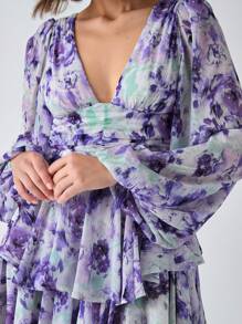Enchnt 女士 V 领花卉印花分层优雅长袖连衣裙 - 紫色 - 查看 7
