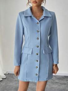 Chiquease Vestido de tweed de manga larga con cuello, bolsillo decorativo y diseño para dar forma a la cintura para mujeres