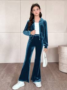 SHEIN Leap Crew 2pcs Tween Girl Gothic Pattern Rhinestone Velvet Short Cardigan With Hood & Flare Leg Pants Set, Casual - Teal Blue - View 2