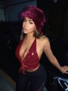 SHEIN ICON Lace Up Front PU Leather Halter Red Top