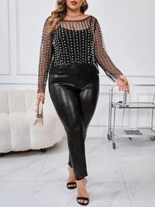 SHEIN Clasi Blusa blanca elegante de encaje y cuentas para mujer de talla grande para fiestas