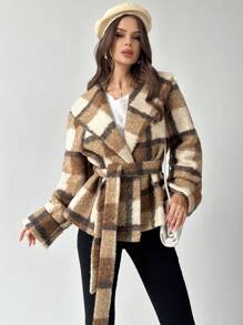 Firerie Nieuwe elegante en modieuze omkeerbare geruite getailleerde jas met taillebandontwerp, warm voor herfst/winter