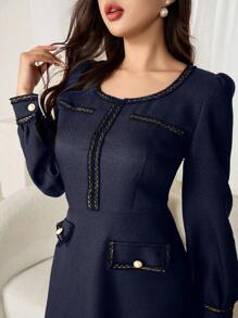 Modelyn Vestido largo con mangas de farol y ribete de cinta elegante para mujer, vestido largo para eventos de otoño e invierno
