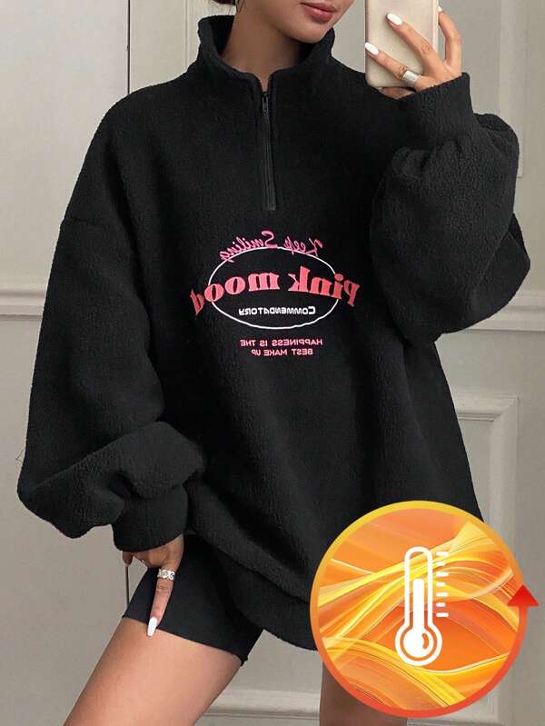 DAZY Women's Loose Fit Warm Fleece Letter Print Color-Block Sweatshirt , Black Sweatshirt